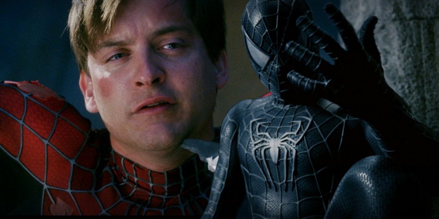 A split image of Peter Parker in his traditional and black suits in Spider-Man 3