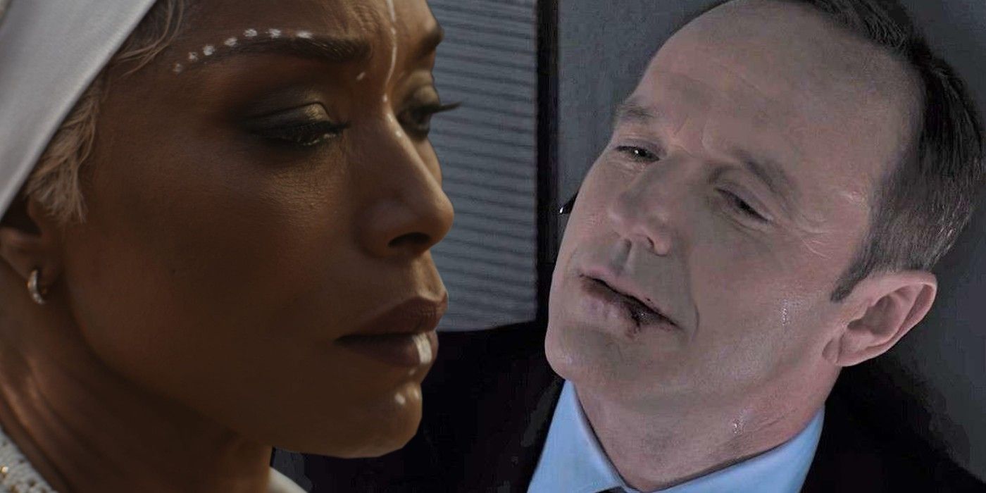 A split image of Queen Ramonda and Agent Coulson in the MCU