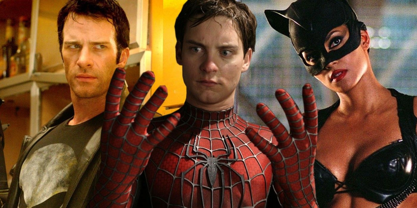 A split image of Thomas Jane's Frank Castle in The Punisher, Tobey Maguire's Peter Parker in Spider-Man 2, and Halle Barry as Patience Phillips in Catwoman
