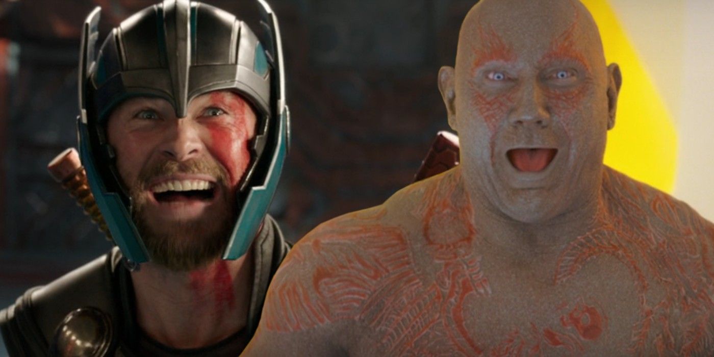 A split image of Thor and Drax laughing in the MCU