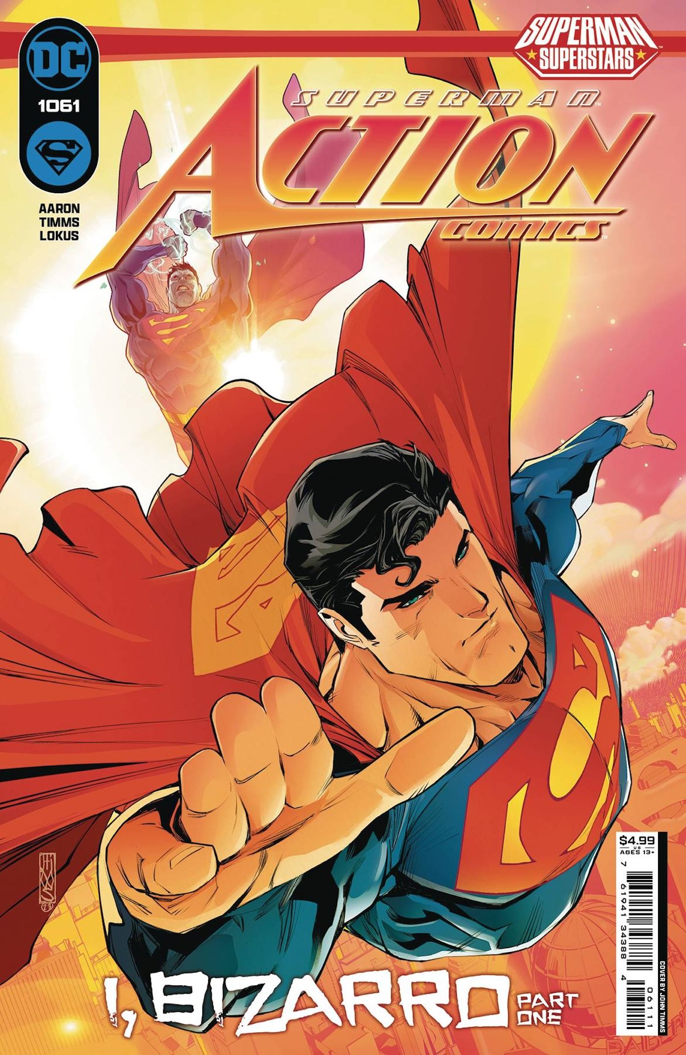 Capa principal da Action Comics 1061: Superman voando com Bizarro atrás dele.