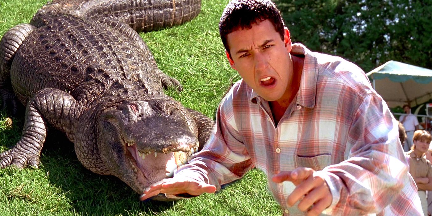 Adam Sandler looking upset at alligator in Happy Gilmore