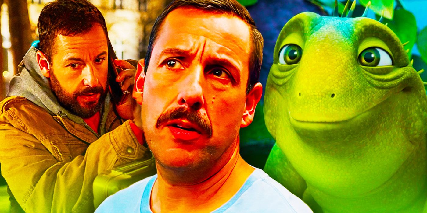 Adam Sandler in Murder Mystery and his tuatara character in Leo.