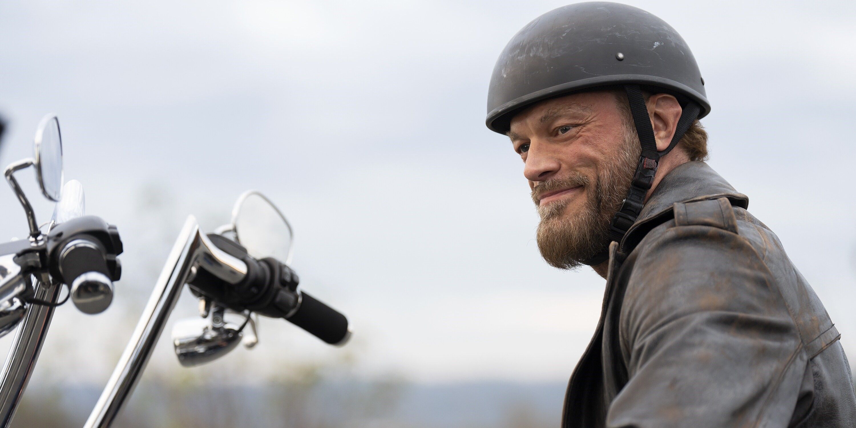 Adam Copeland as Ares riding a motorcycle with his helmet on in Percy Jackson & the Olympians episode 5