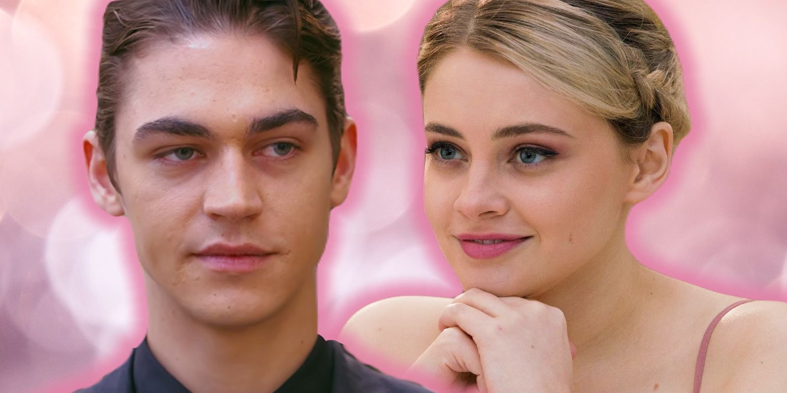 This collage shows Hardin and Tessa in front of a light pink background in After Everything.