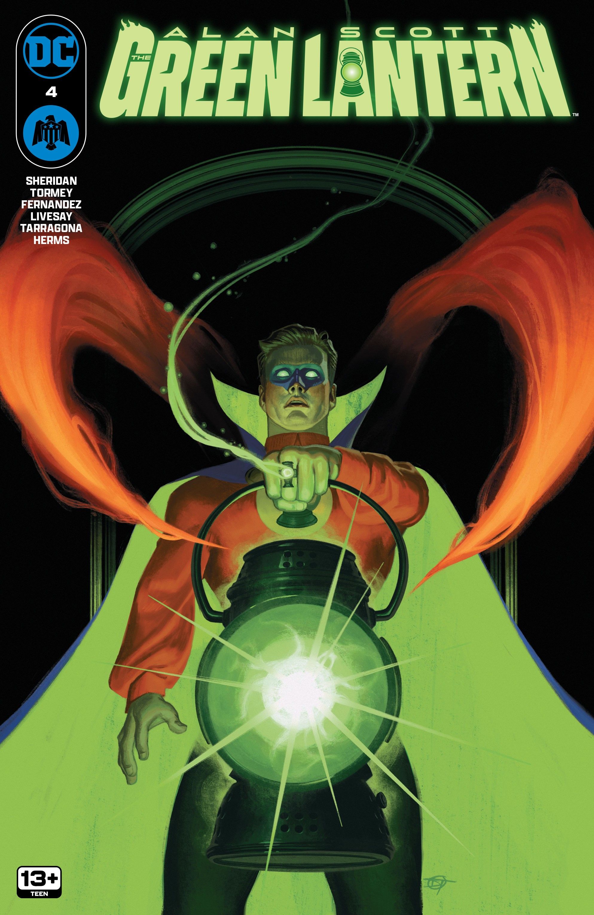 Image of Alan Scott holding the Green Lantern while red mists circle around him.