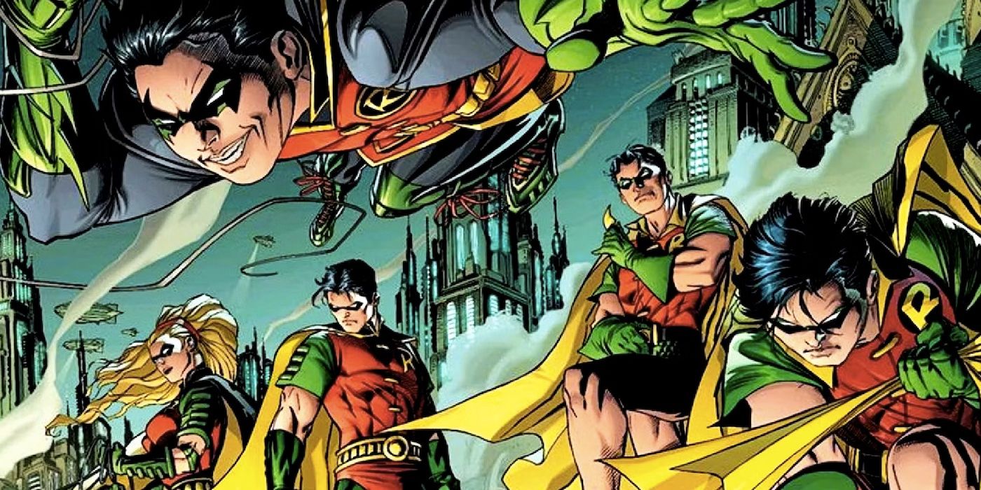 Comic book art: DC's five main Robins stand in front of Gotham buildings.