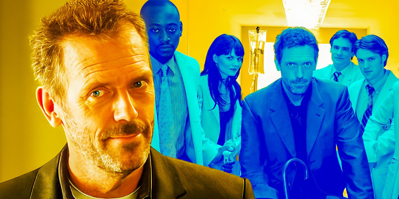 Doctor Gregory House portrayed by Hugh Laurie next to an image of him and his original doctor team from season 1, including James Wilson