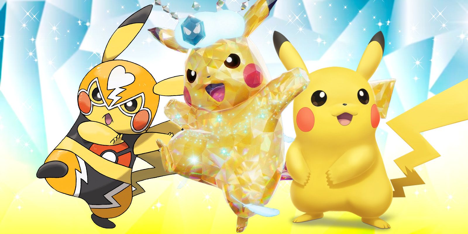 A masked Pikachu Libre to the left, with a Terastallized Pikachu in the middle, and a regular Pikachu to the right.