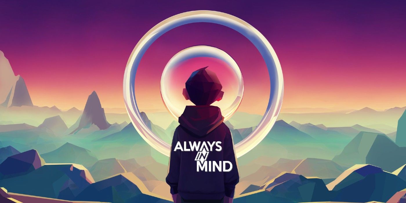 Always In Mind Key Art showing a young boy with his back turned looking over a sunset-hued mountainscape and two concentric circles in front of him.