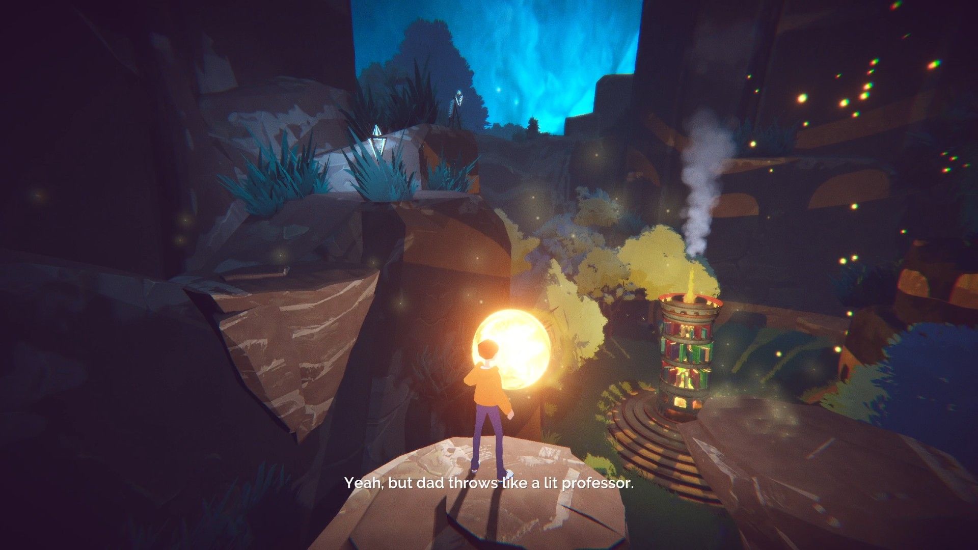 Always In Mind&rsquo;s Teddy holding the lit orb on a rock while telling Proxy his father throws like a lit professor.