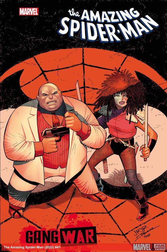 Kingpin draws a gun from his jacket while Typhoid Mary pulls out twin swords; both stand facing the reader, bathed in the red, mask-shaped light of Spider-Man’s ‘Spider-Signal."