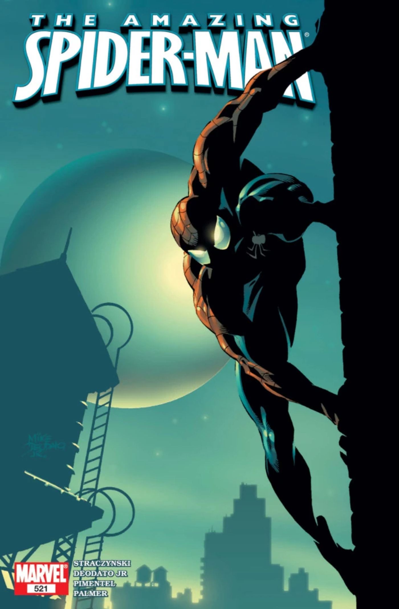 Cover for Amazing Spider-Man #521, Spidey adhering to a building’s wall with a twilight sky and cityscape in the background
