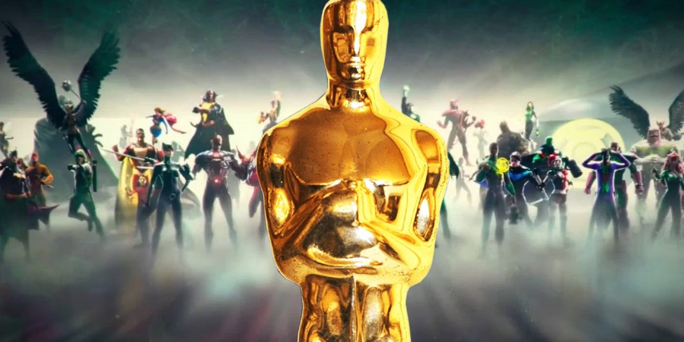 An Academy Award in front of various DC heroes