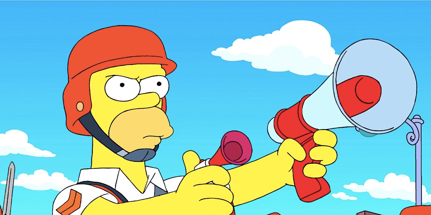 An angry Homer wields a noisemaker and a megaphone in The Simpsons season 35 episode 1