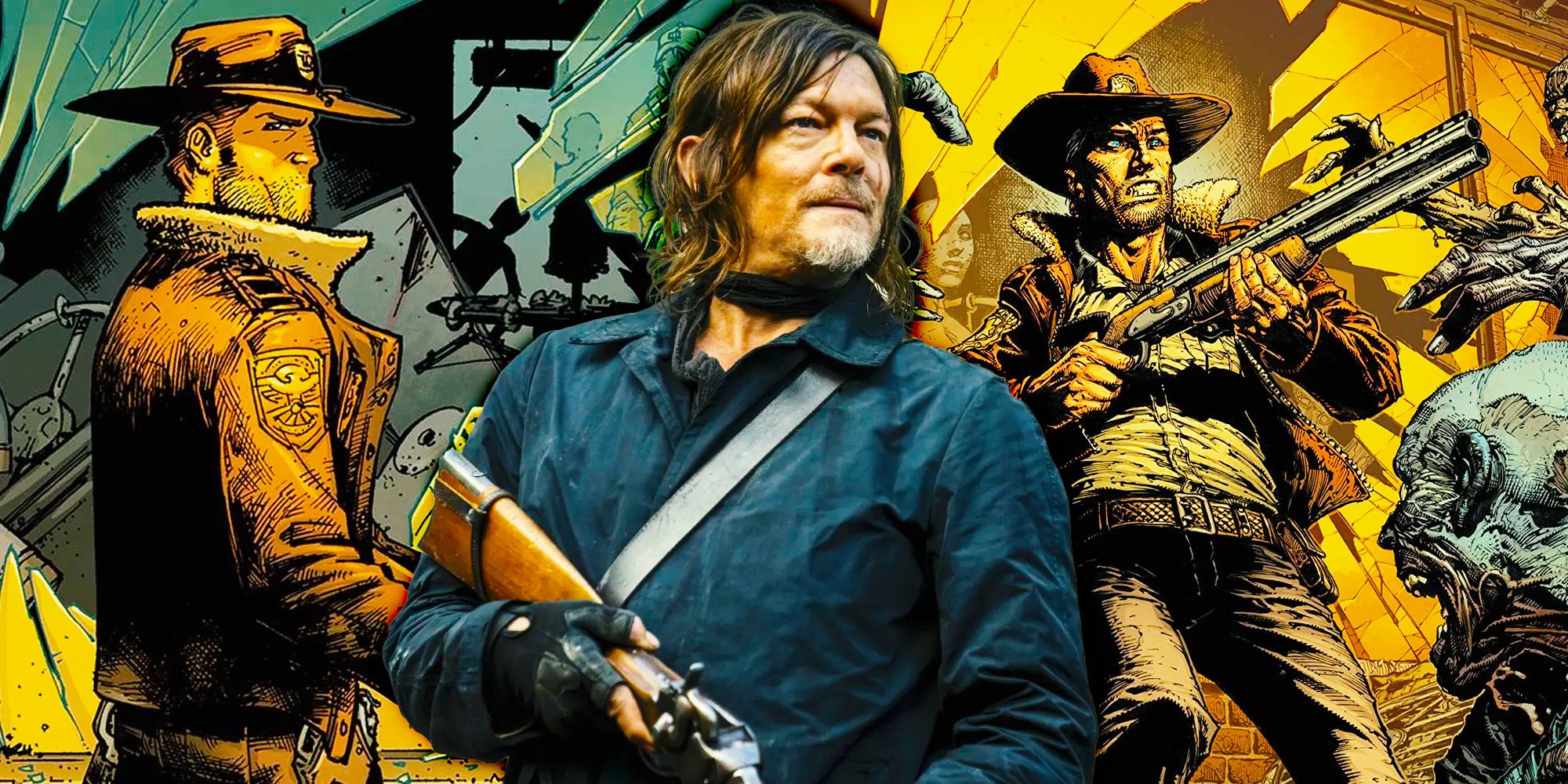 Custom image of Daryl Dixon from AMC's Walking Dead with comic book images of Rick Grimes around him