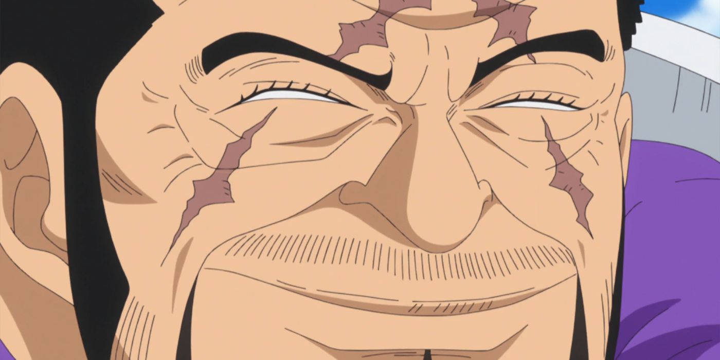 An up close shot of Fujitora smiling in One Piece