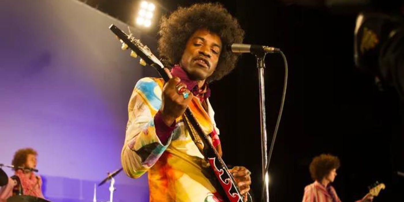André 3000 as Jimi Hendrix, Oliver Bennett as Noel Redding, and Tom Dunlea as Mitch Mitchell in Jimi: All Is by My Side.