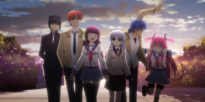 Otanashi and Kanade walk with the rest of their classmates in the afterlife from Angel Beats.