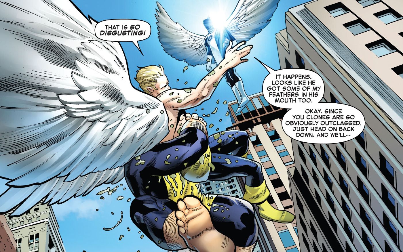 Original X-Men #1, Angel watches from above as Beast hangs onto a younger Warren to stay in the air.