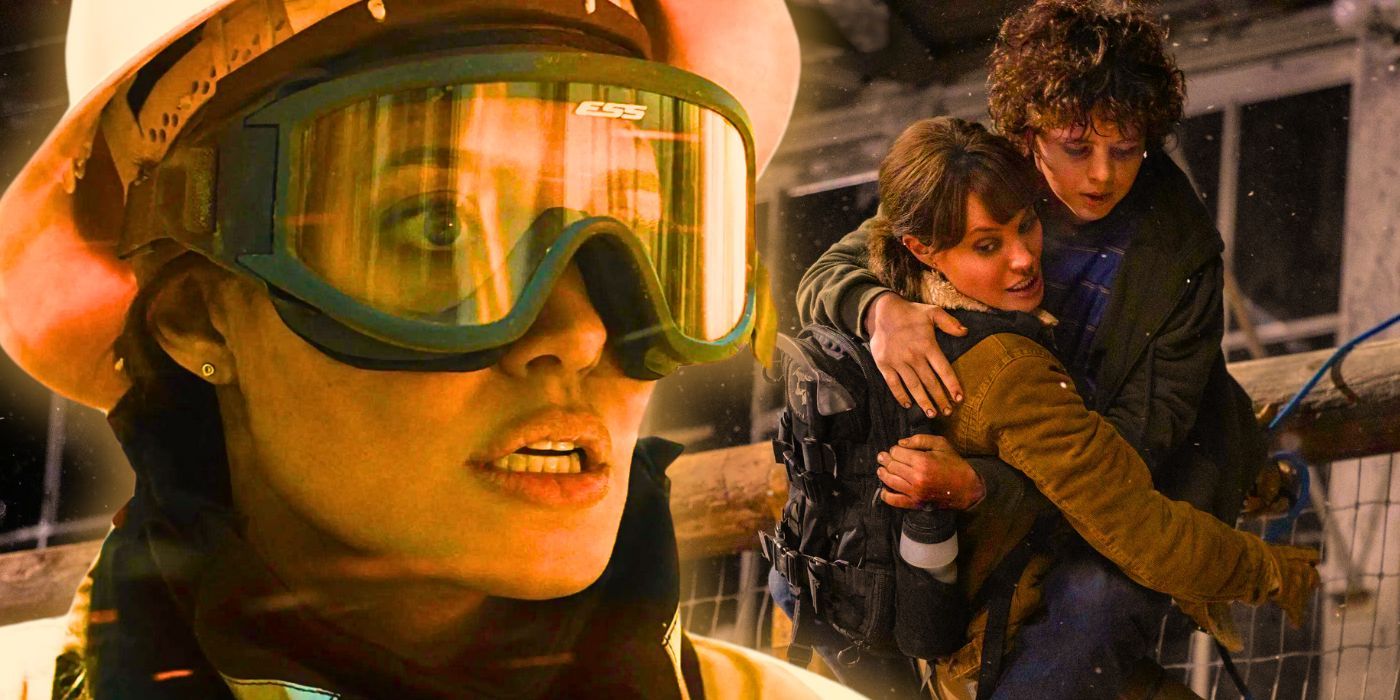 Angelina Jolie in Smokejumper gear and Jolie saving a kid in Those Who Wish Me Dead