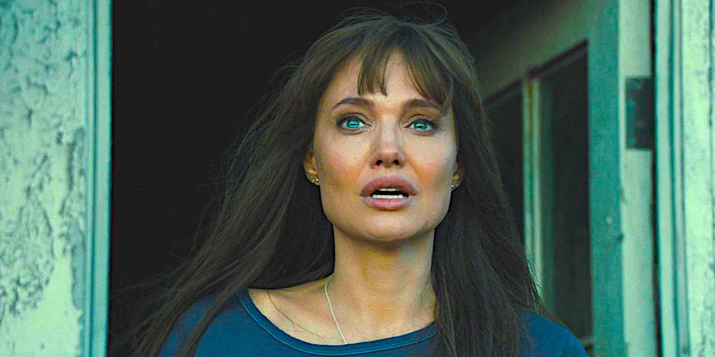 Angelina Jolie looking forward with alarm in a dramatic scene from Those Who Wish Me Dead