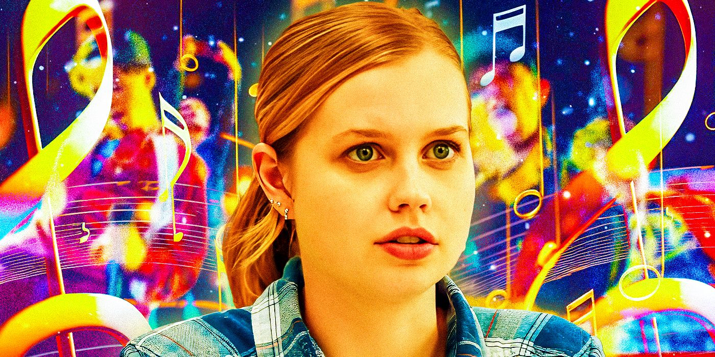 Angourie Rice as Cady Heron from Mean Girls 2024 with music notes behind her
