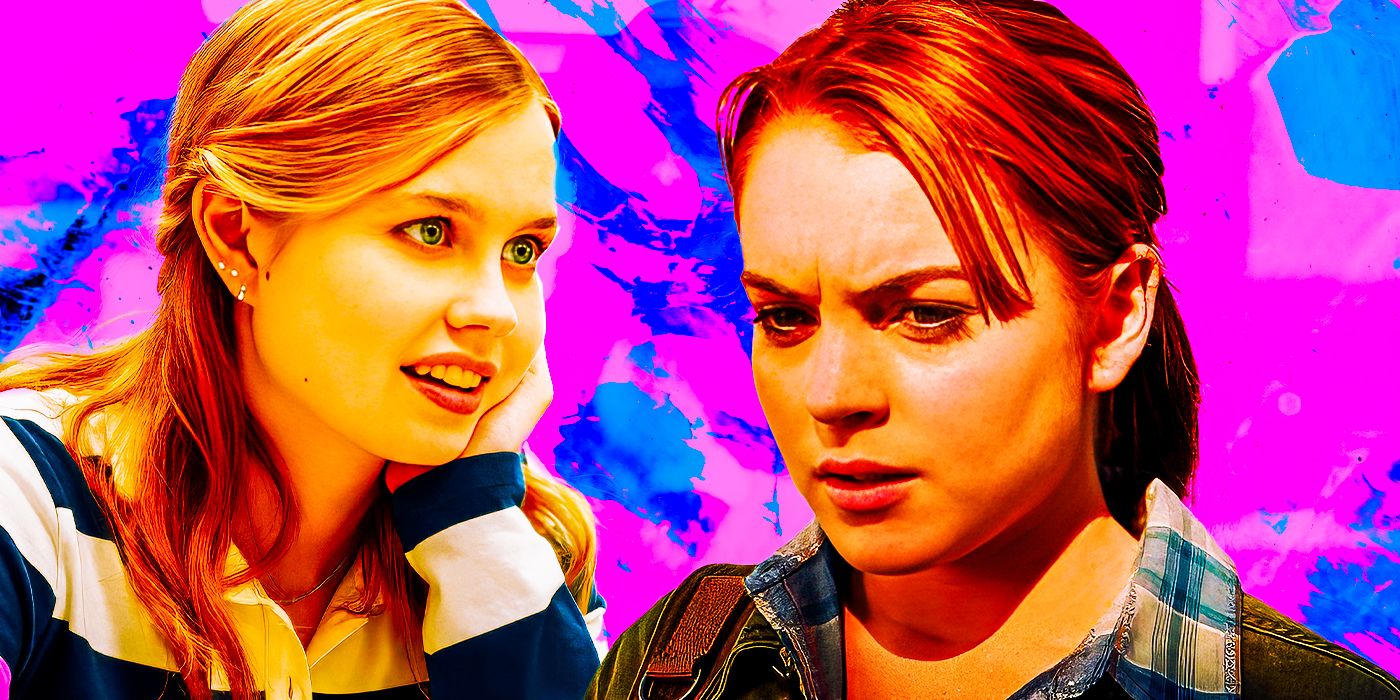 A layered image of Angourie Rice as Cady Heron in Mean Girls (2024) and Lindsay Lohan as Cady Heron in Mean Girls (2004).