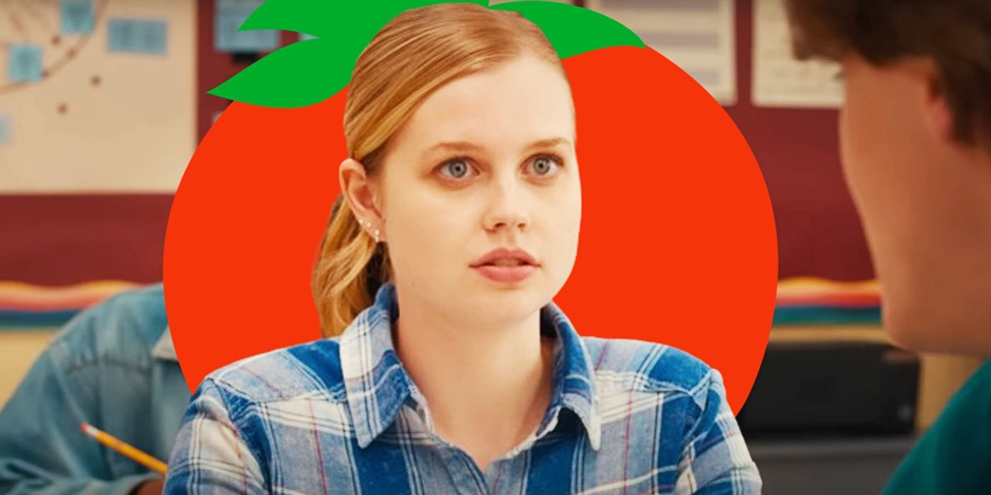 Angourie Rice as Cady in Mean Girls with a Rotten Tomatoes logo behind her head