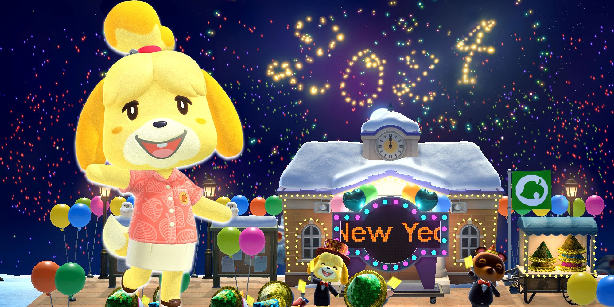 Isabelle from Animal Crossing New Horizons on a night sky background from the game. Fireworks reading 