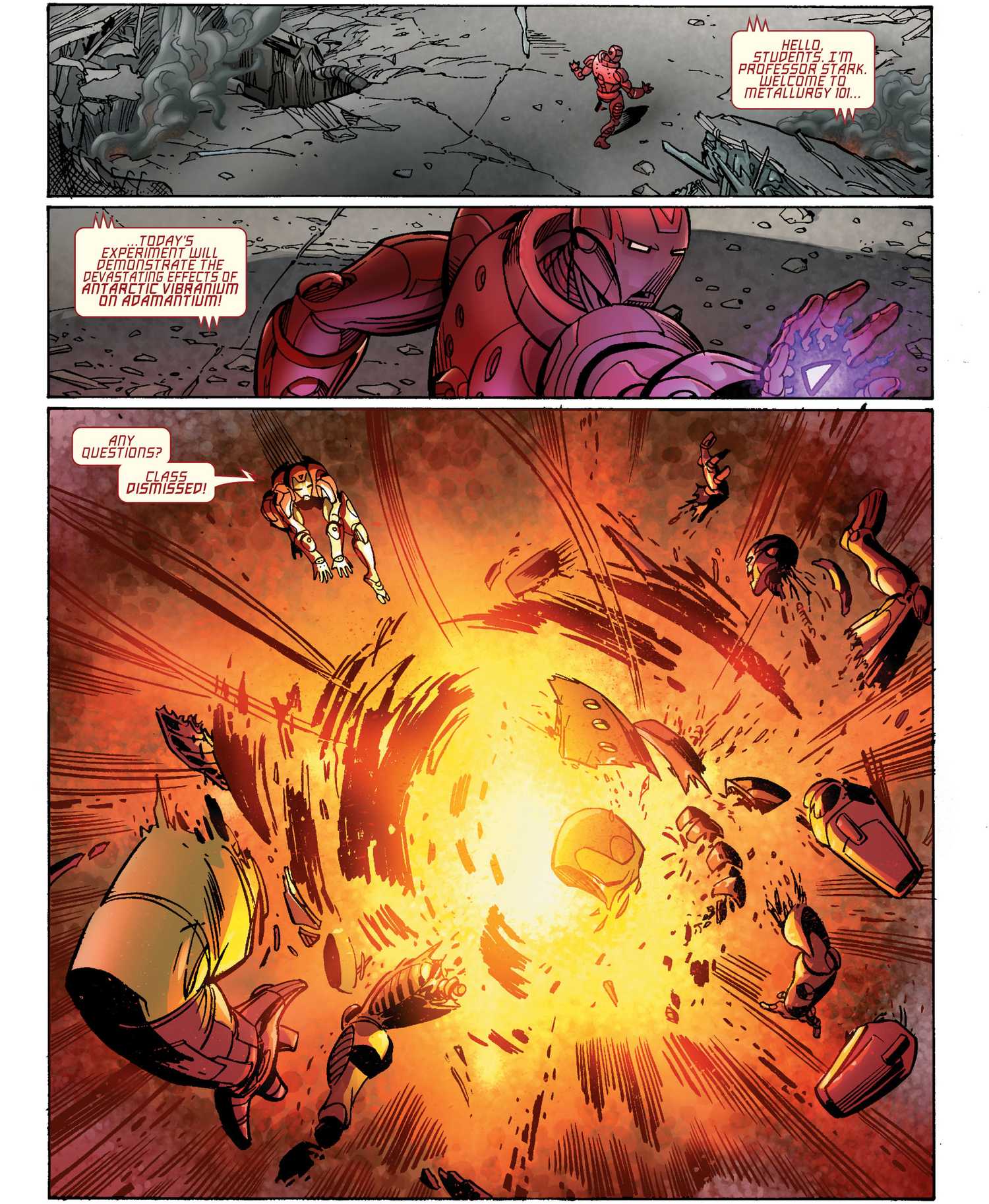 Iron Man (Vol 4.) #12, Iron Man uses his Antarctic Vibranium Argonaut suit to destroy the Adamantium Subterranean Argonaut suit.