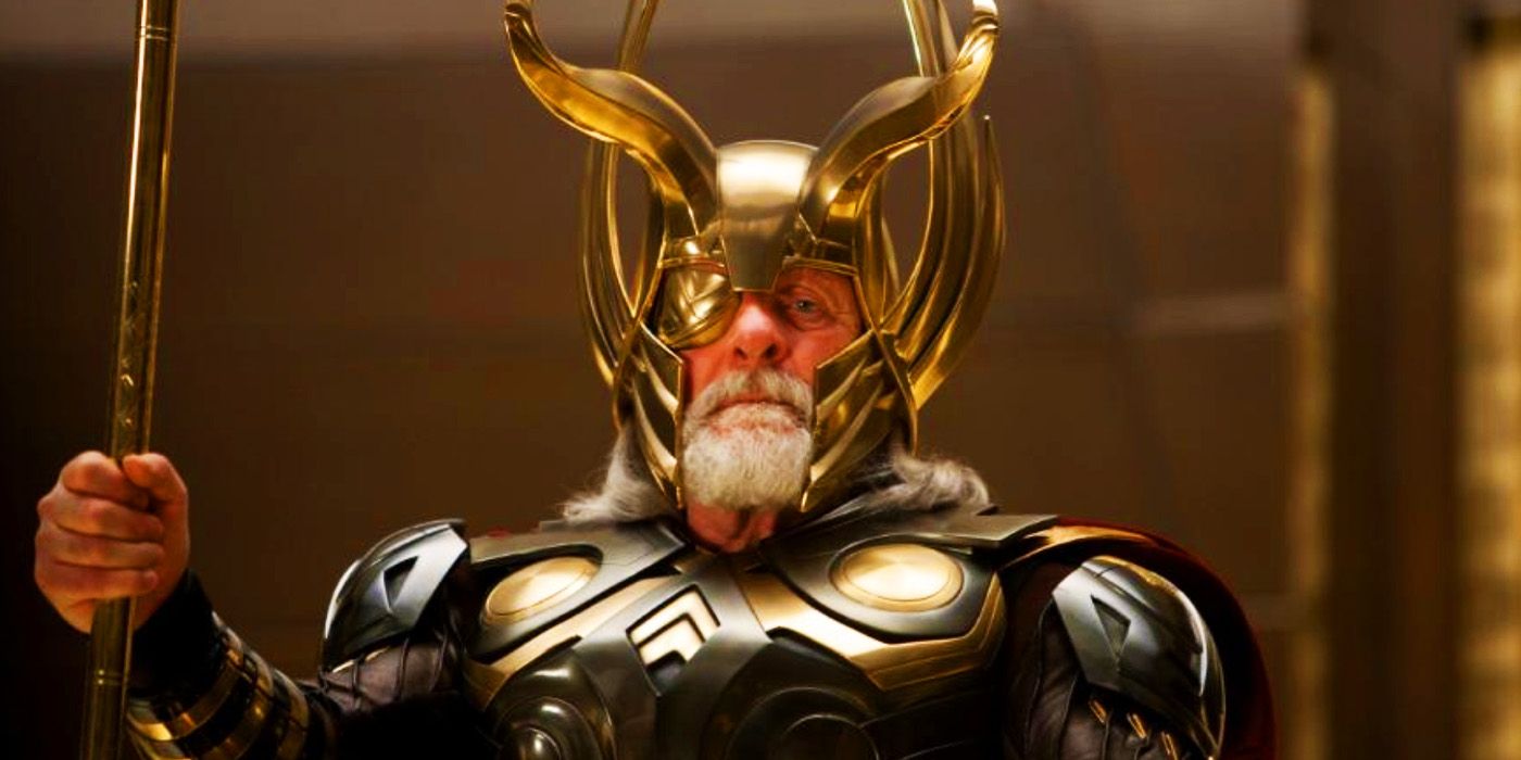 Anthony Hopkins' Odin in armor with Gungnir in the MCU