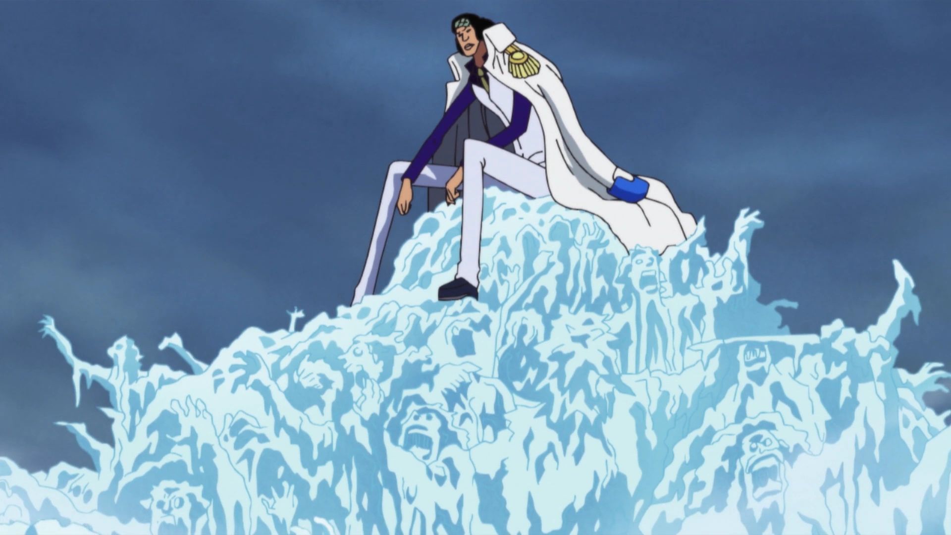 Screenshot from One Piece anime Marineford arc shows Admiral Aokiji sitting ontop of a group of frozen pirates.