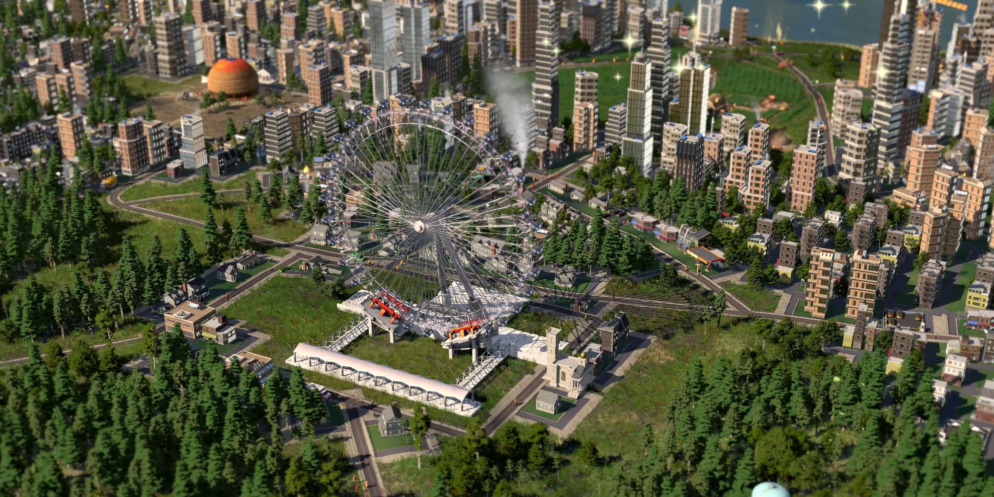 An aerial view of a city builder, showing high-rise buildings and a large ferris wheel on the edge of a pine forest, in a screenshot from Ara: History Untold.