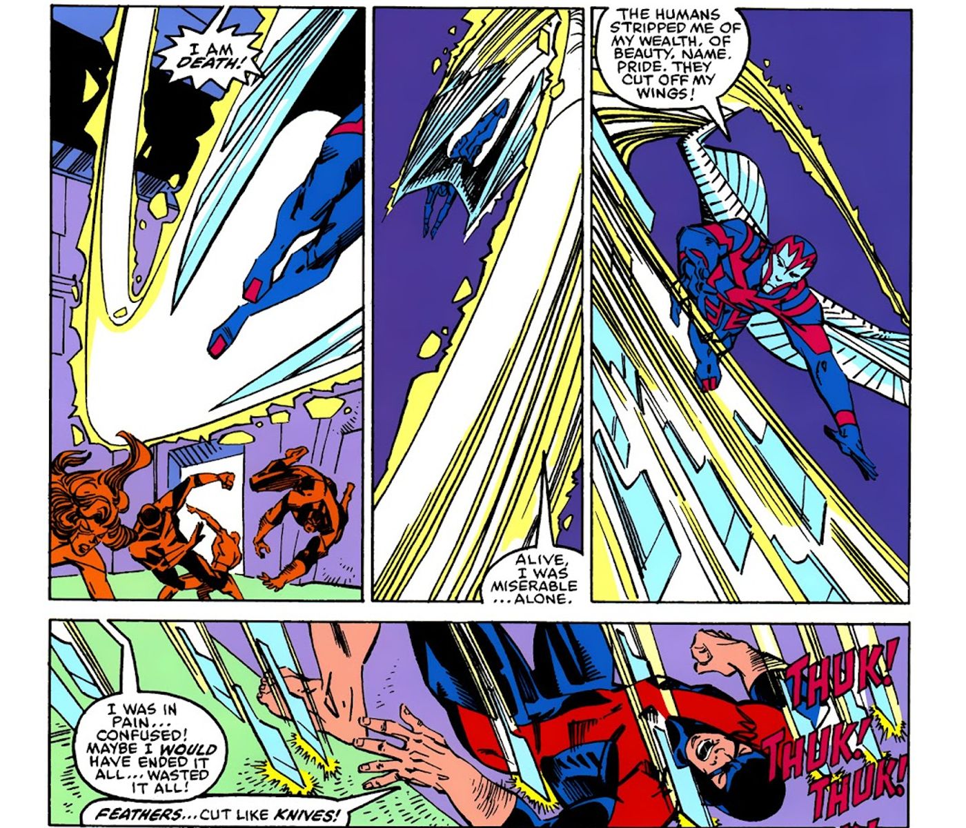 Archangel debuts his steel wings from Apocalypse and fires blades at Beast.