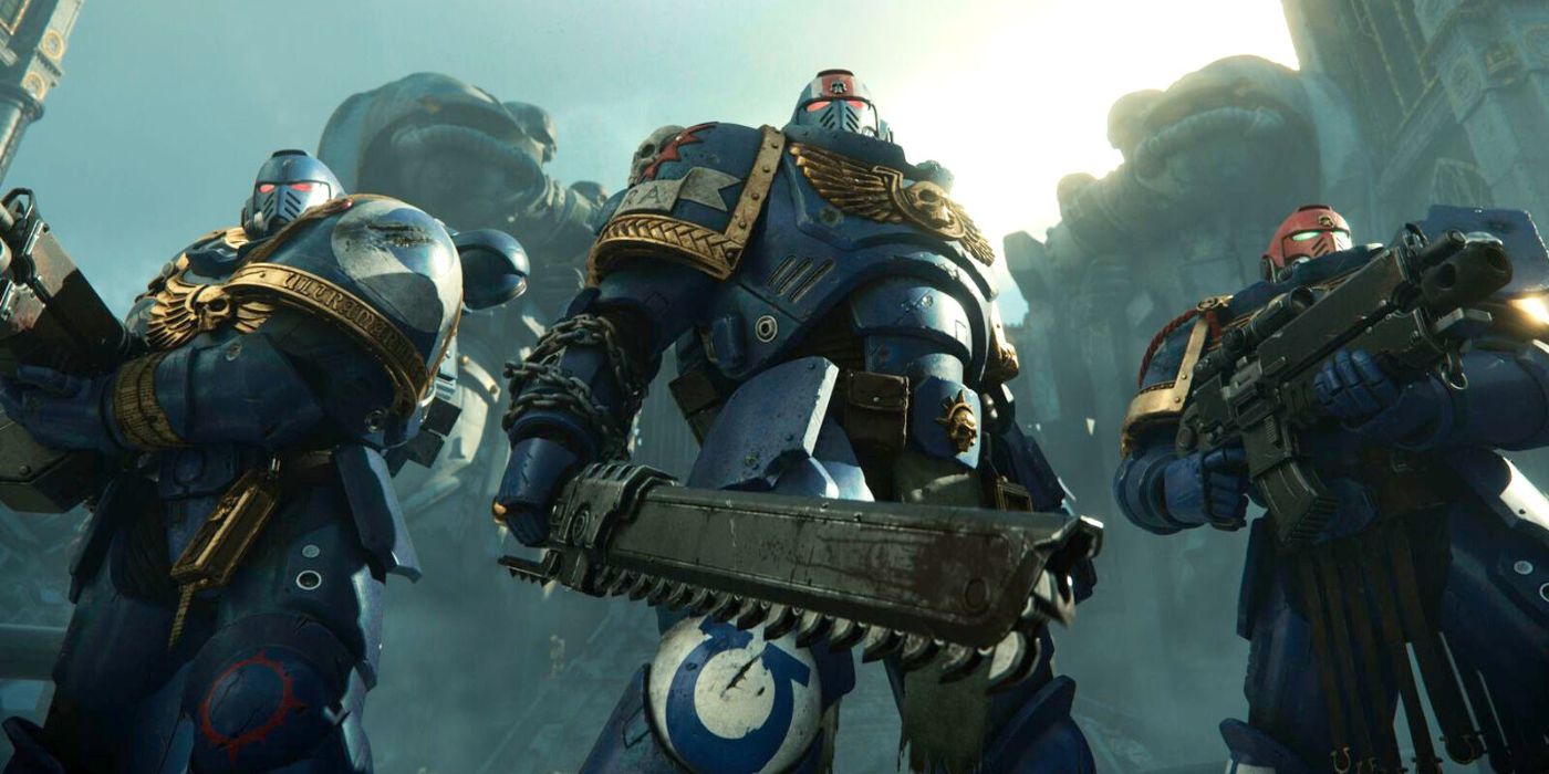 Armed Space Marines in Warhammer 40,000.