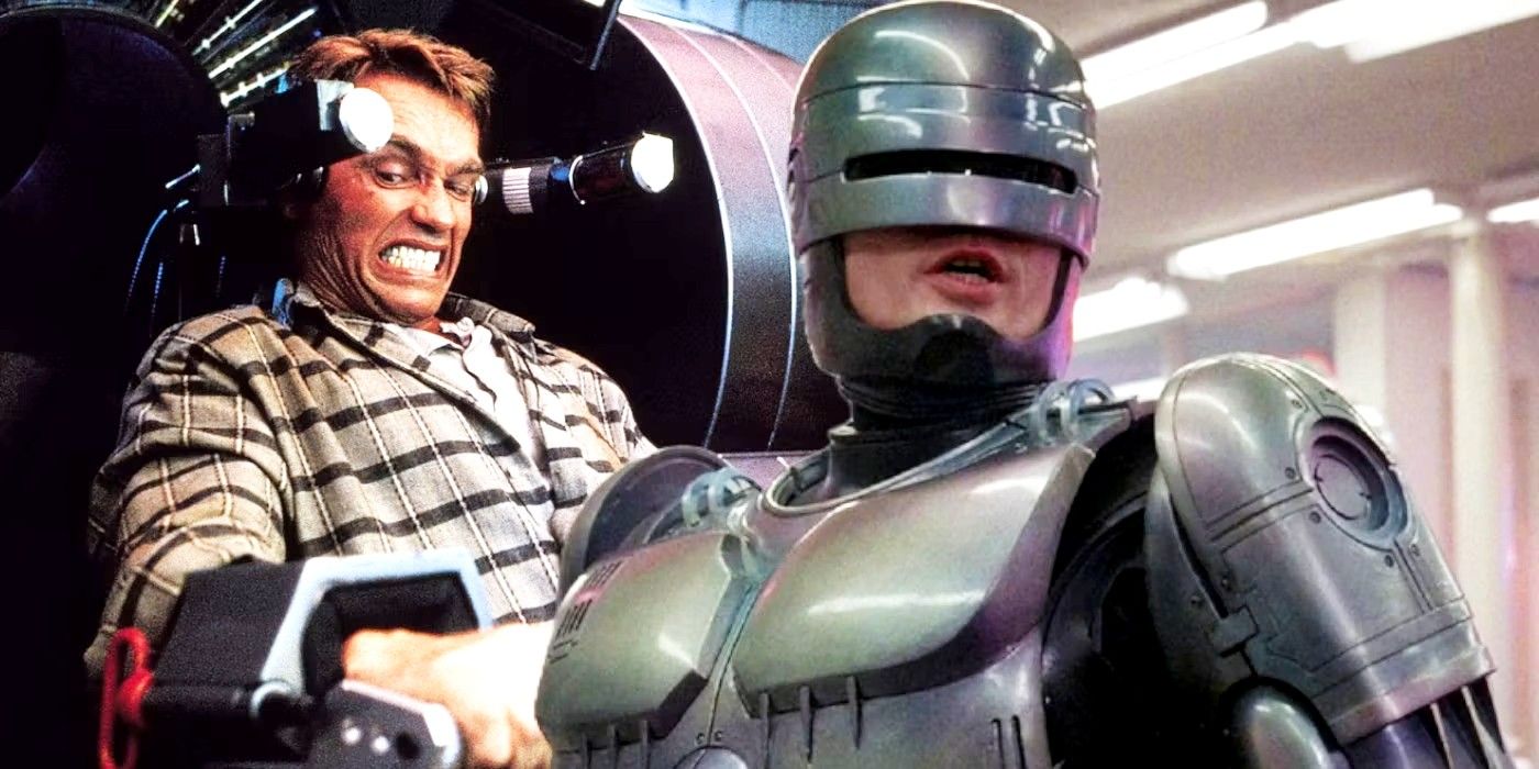 Arnold Schwarzenegger in Total Recall and a RoboCop in his suit looking at something