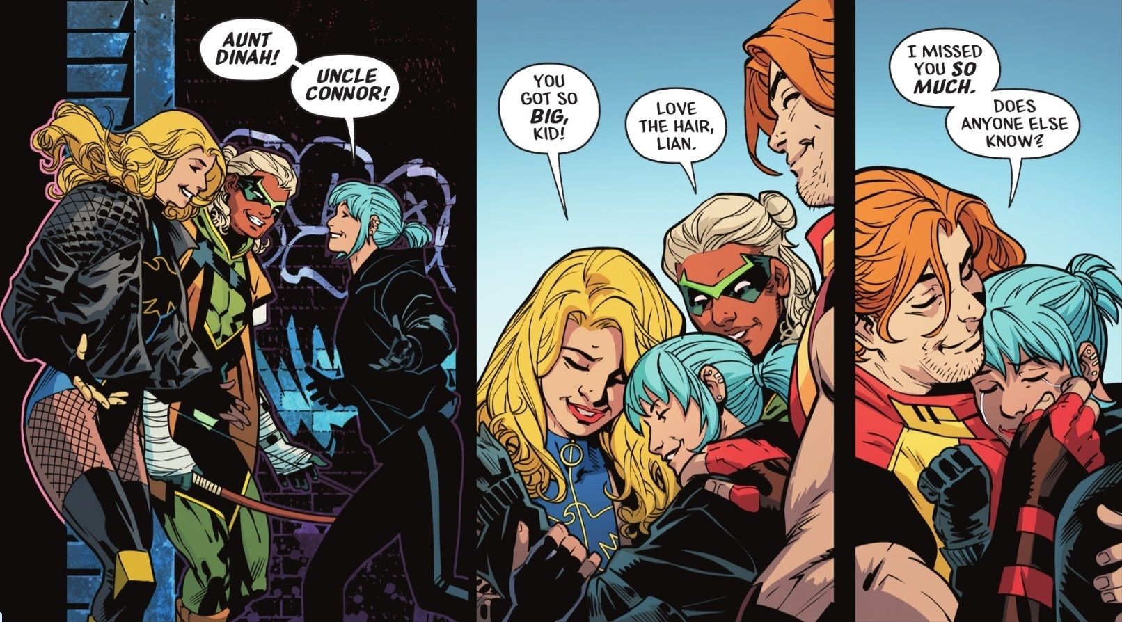 Comic book panels: Black Canary, Roy, and Connor embrace an older Lian, who they thought had been missing.