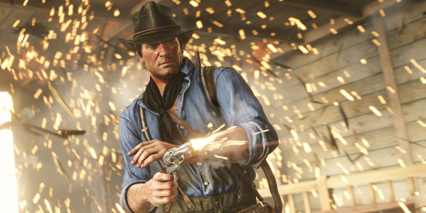 Arthur Morgan fires his revolver in Red Dead Redemption 2.