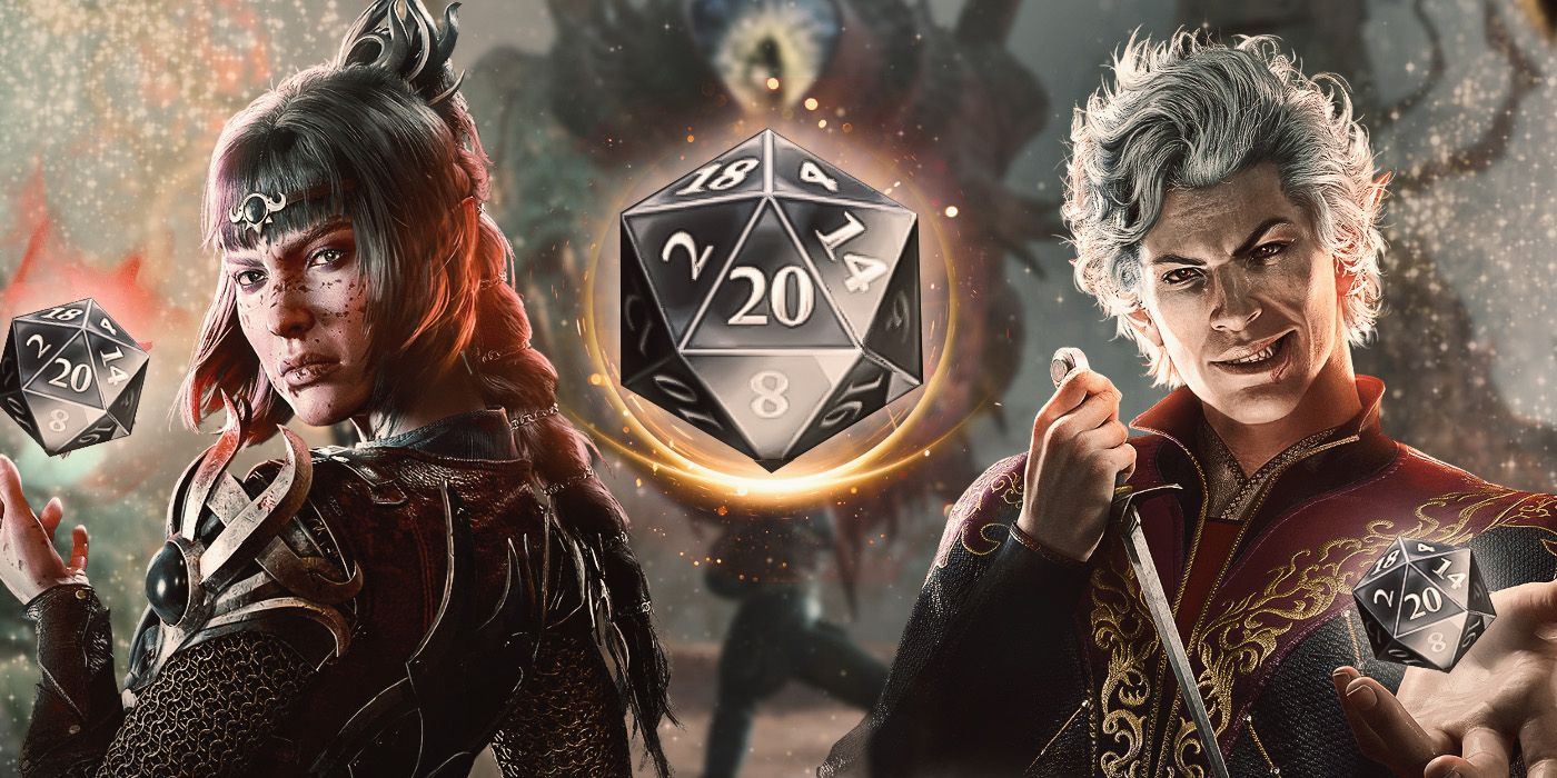 Astarion and Shadowheart holding dice with a d20 in the center from Baldur's Gate 3