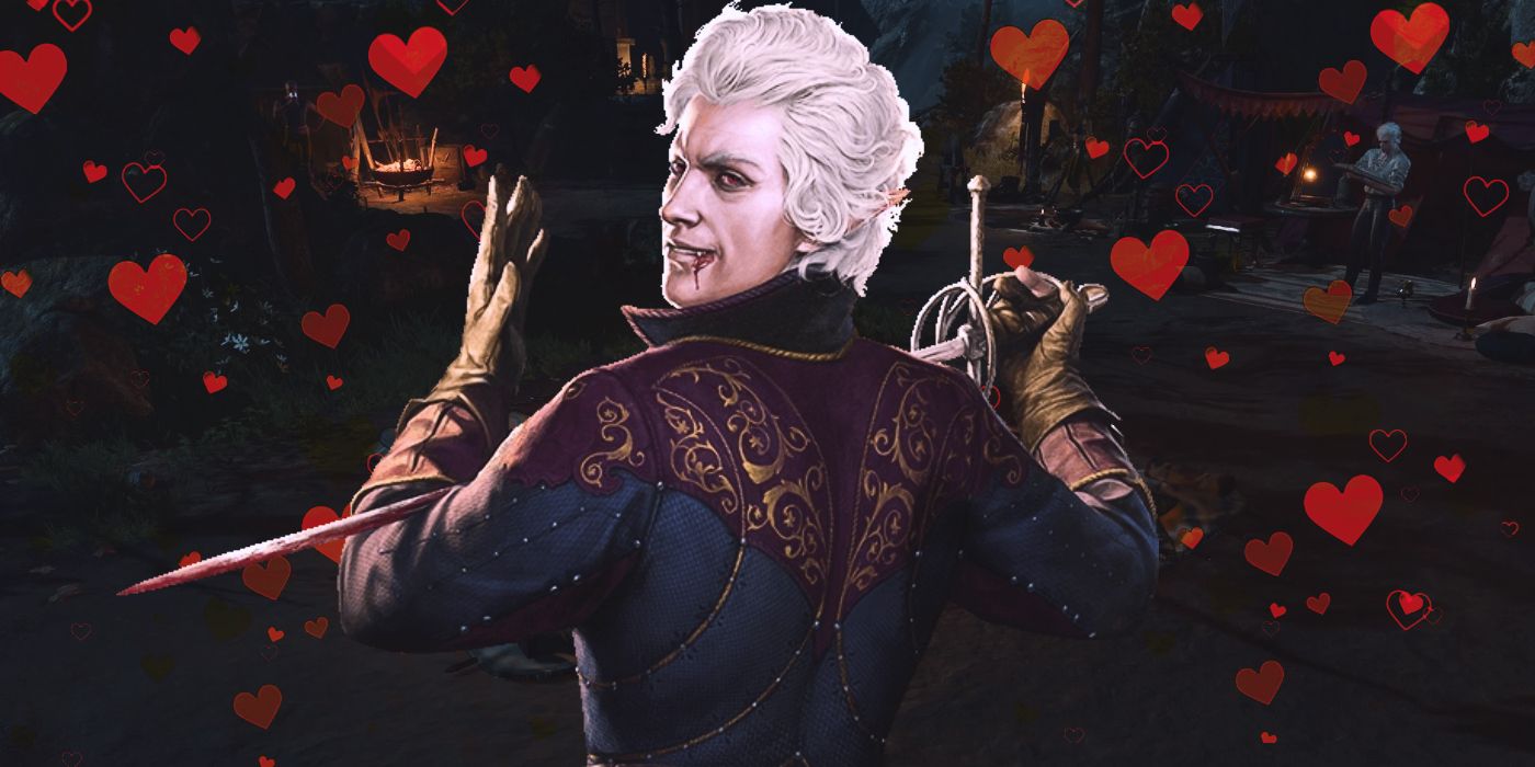 Astarion de Baldur's Gate 3 com um monte de corações ao seu redor para indicar opção de romance