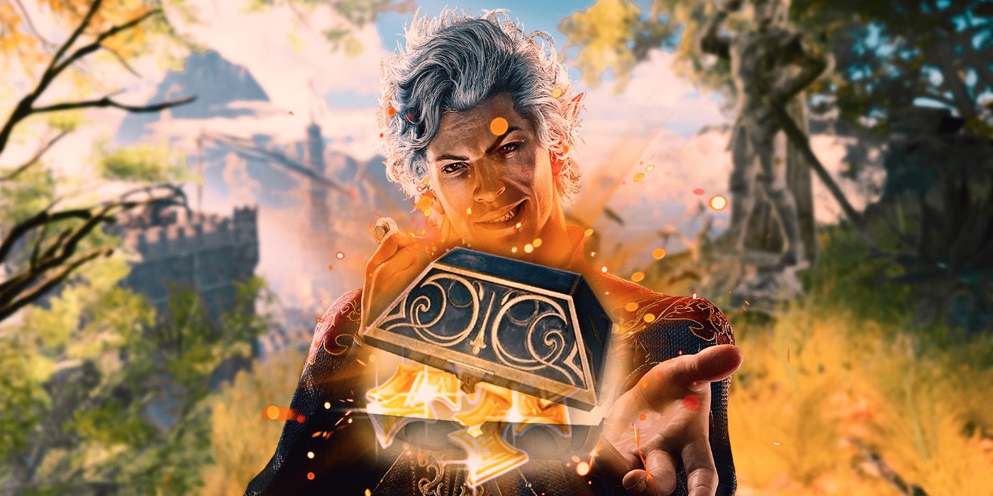 Astarion extends a hand containing a gold-glowing chest in a composite of images from Baldur&rsquo;s Gate 3.