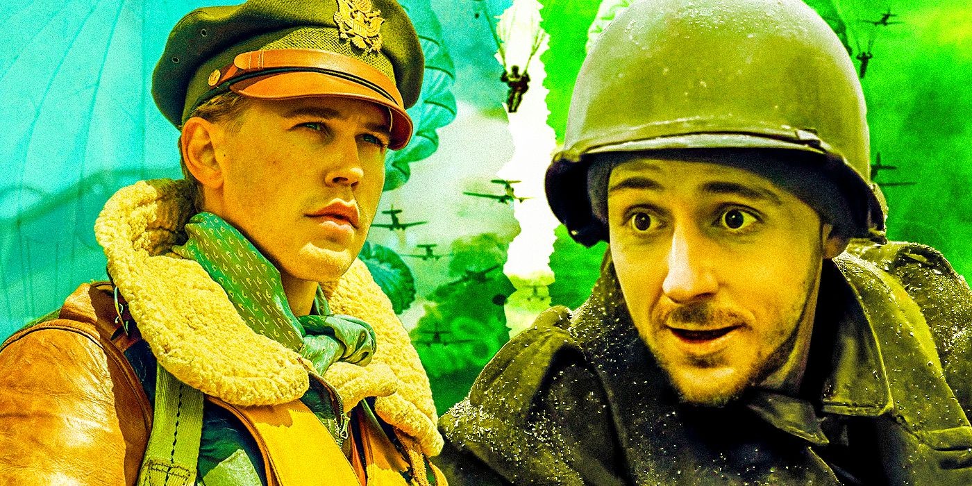 Austin Butler as Gale ‘Buck’ Cleven in Masters of the Air, and Scott Grimes as Donald Malarkey in Band of Brothers.