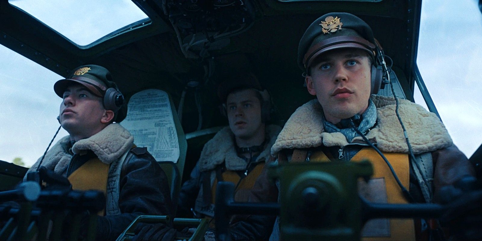 Austin Butler as Major Gale Cleven and Barry Keoghan as Lt. Curtis Biddick flying a B-17 in Masters of the Air