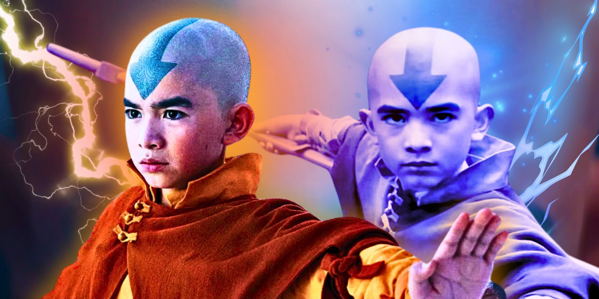 Two images of Aang from Netflix's Avatar: The Last Airbender bending 