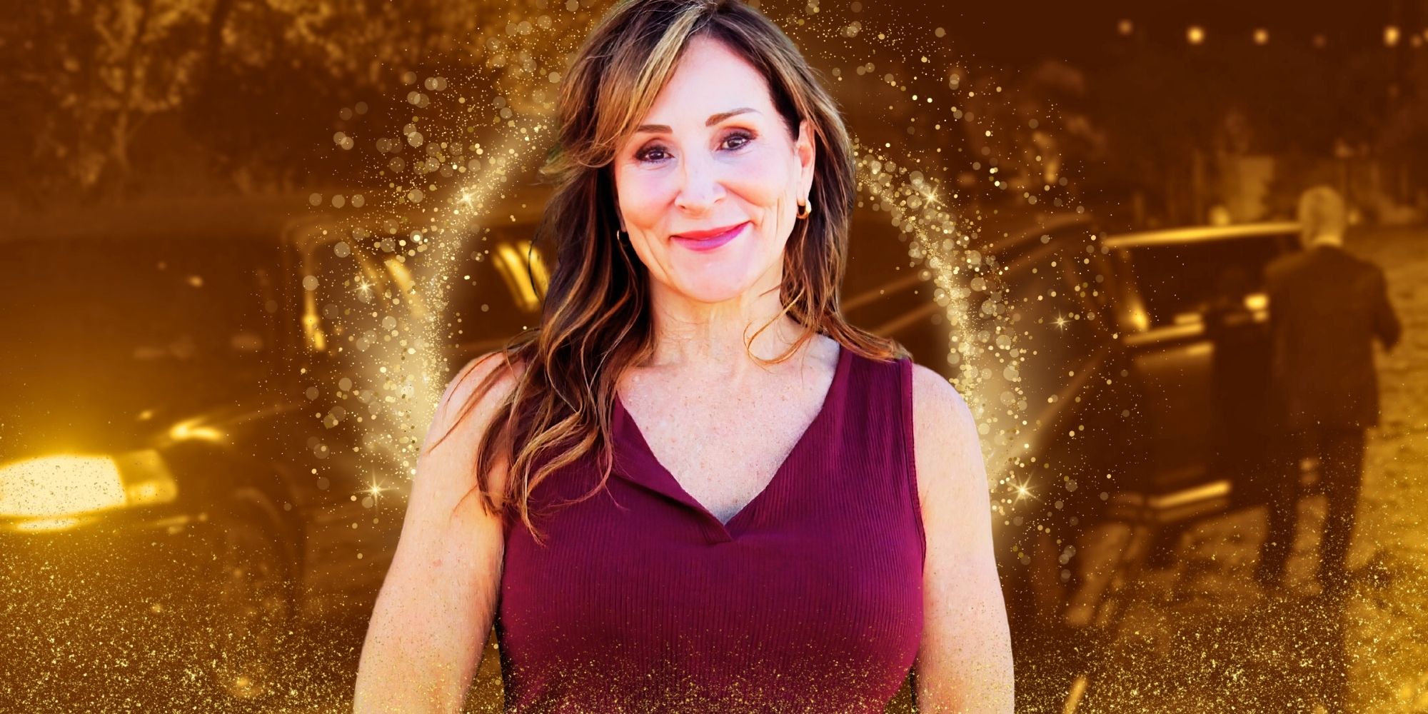 Faith Martin from The Golden Bachelor smiling in promo shot with image of Gerry holding car door for her