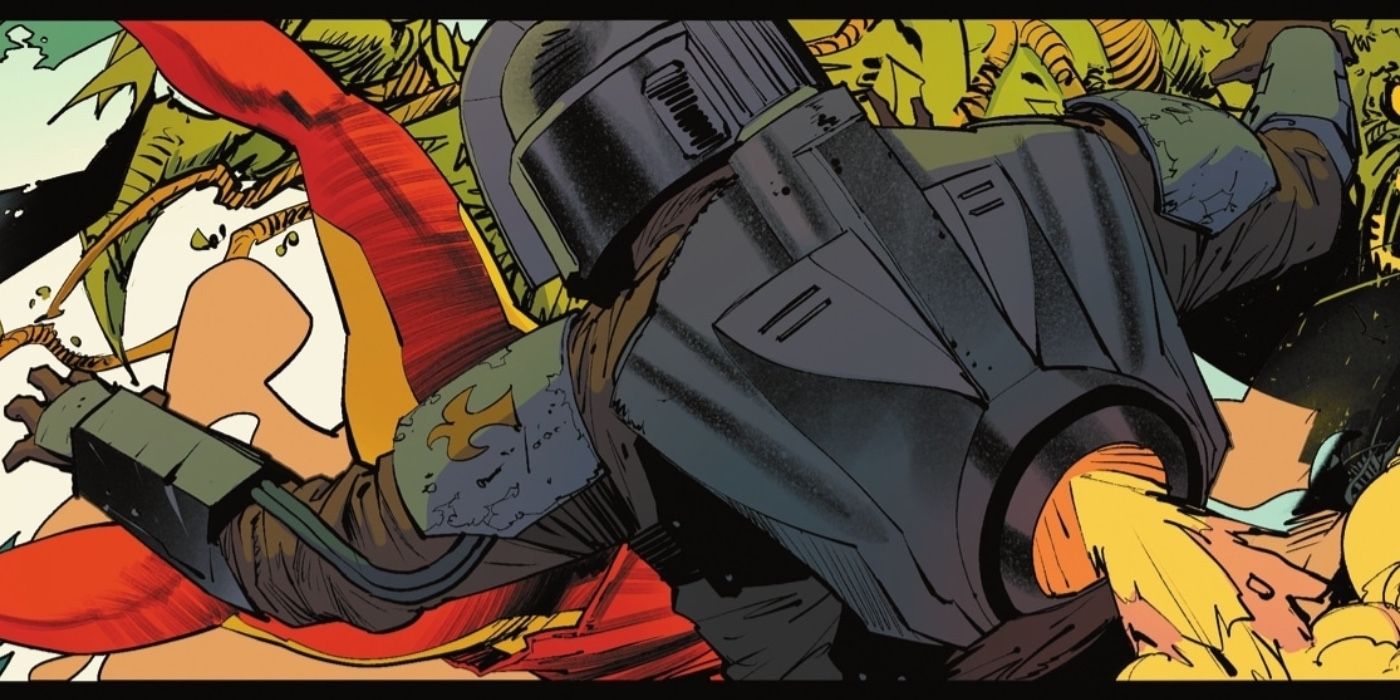 Peacemaker fighting with his back turned showing his jetpack in Kingdom Come universe