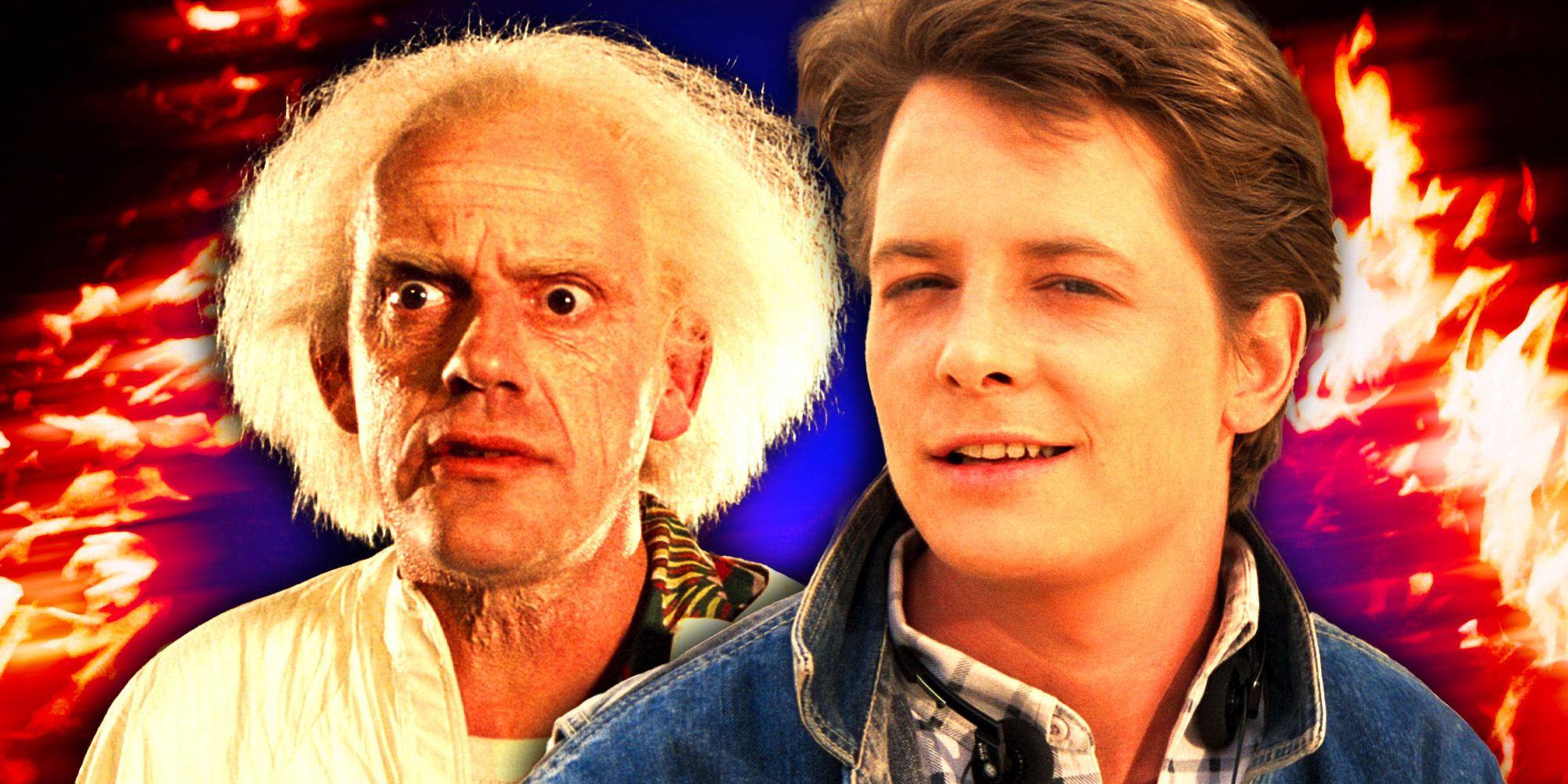 Michael J. Fox as Marty and Christopher Lloyd as Dr. Brown in Back to the Future