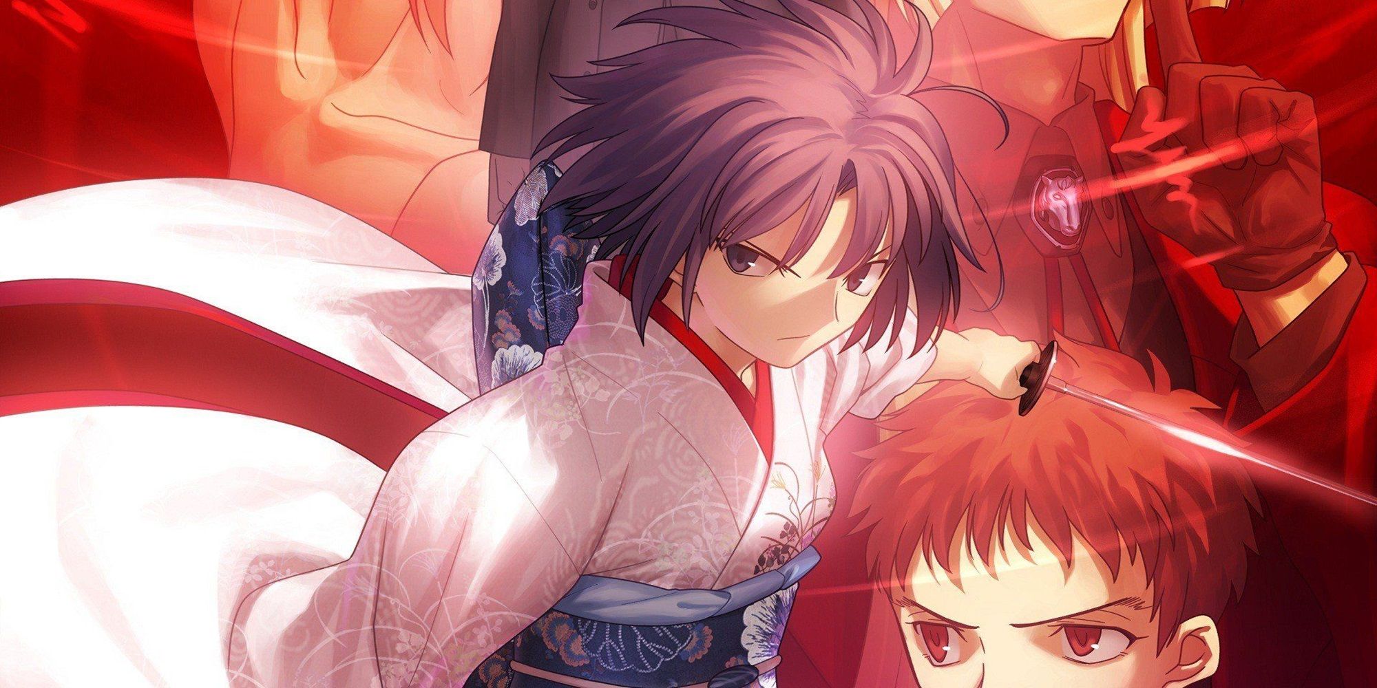 Paradox Spiral key visual by Type-Moon depicting official artwork of the main charactr holding a sword in the foreground, with a red collage of other characters behind her.