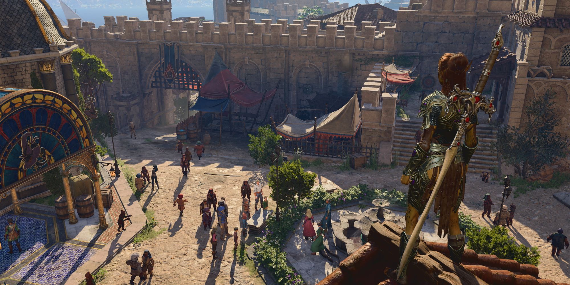 Baldur's Gate 3 Lae'zel Standing On Rooftop And Looking Down At Town Square In Baldur's Gate